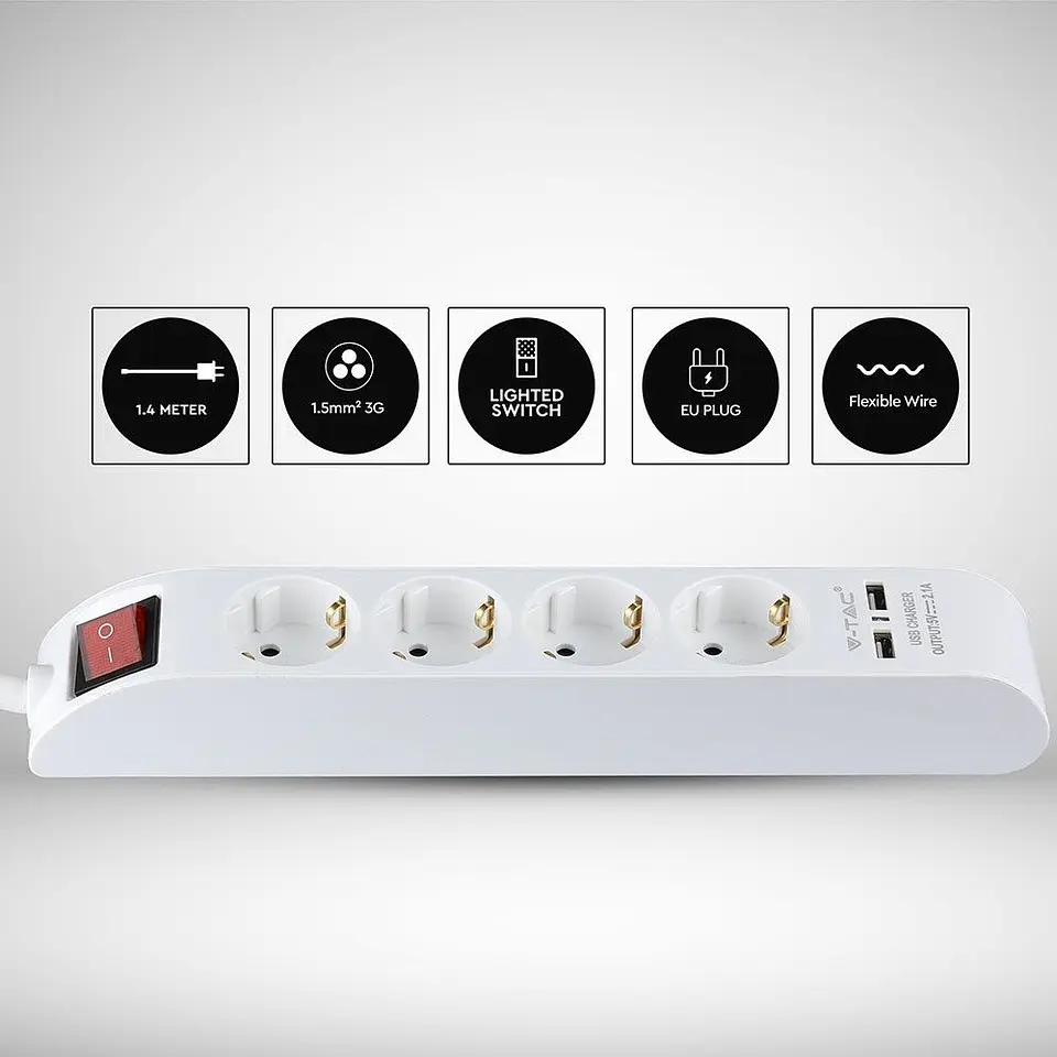 Regleta de 4 tomas con 2 puertos USB 3G1,5mm² x 1,4m V-TAC 4