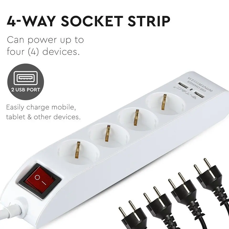 Regleta de 4 tomas con 2 puertos USB 3G1,5mm² x 1,4m V-TAC 5
