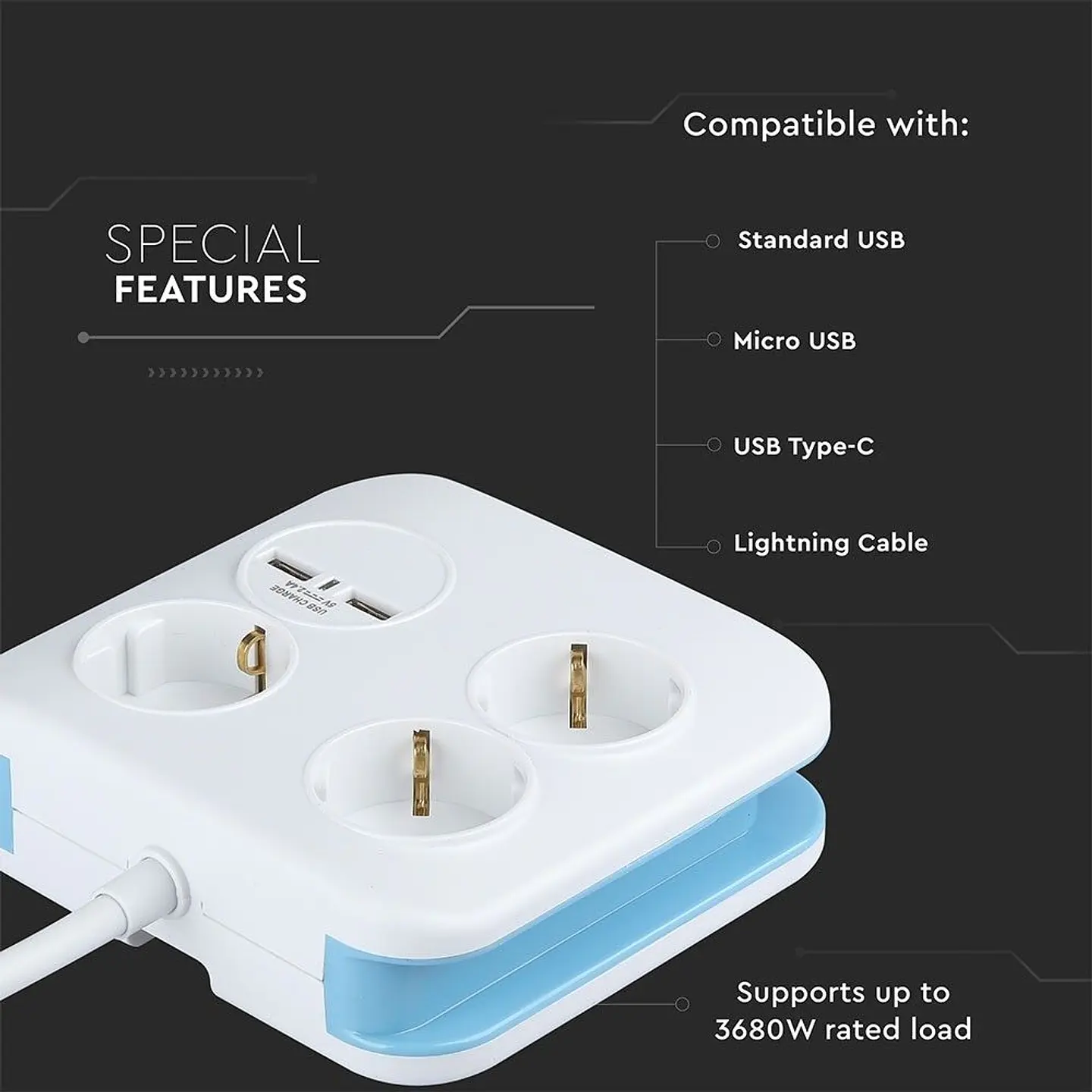 Regleta cuadrada de 3 tomas con 2 puertos USB 3G1,5mm² x 1,4 m V-TAC 4