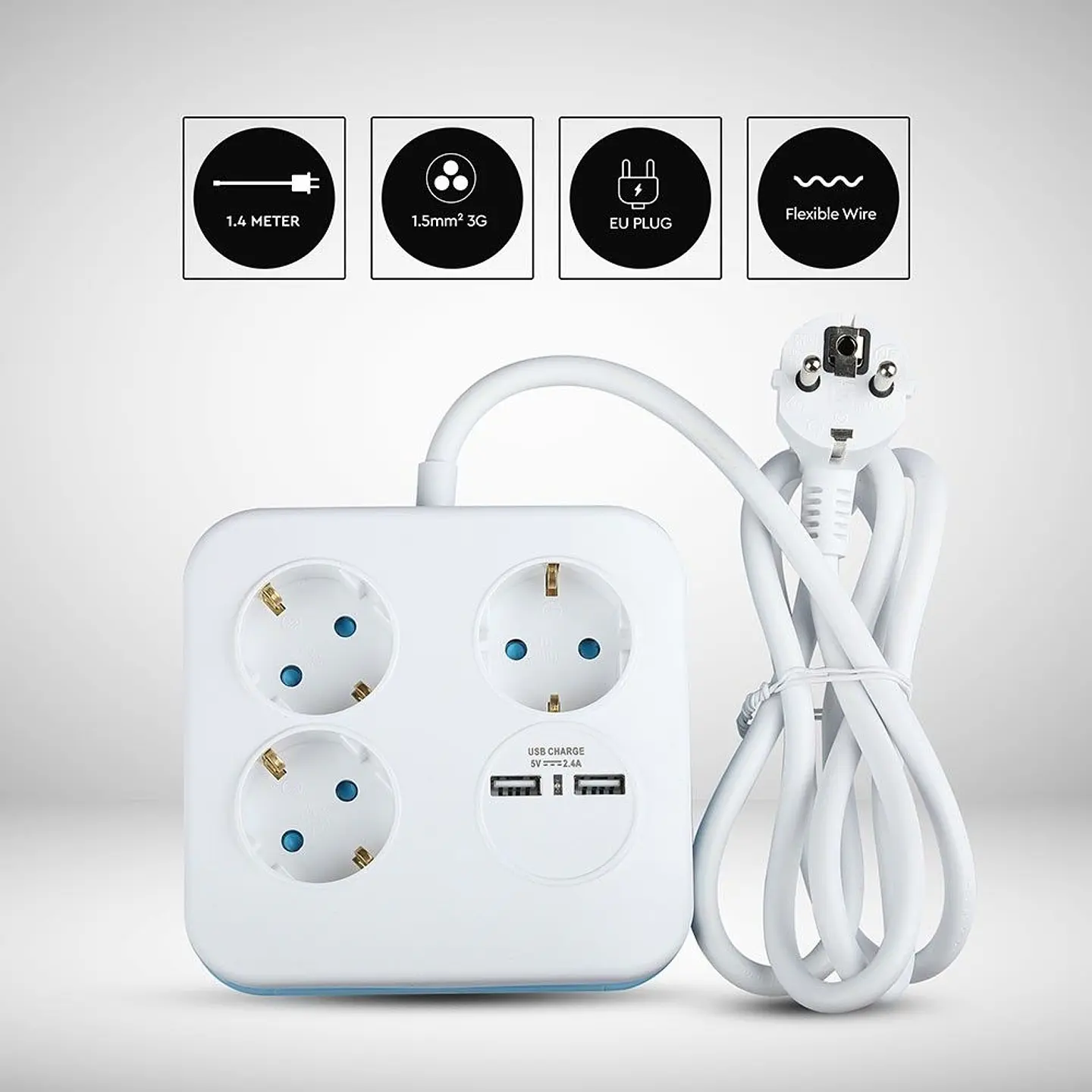 Regleta cuadrada de 3 tomas con 2 puertos USB 3G1,5mm² x 1,4 m V-TAC 5