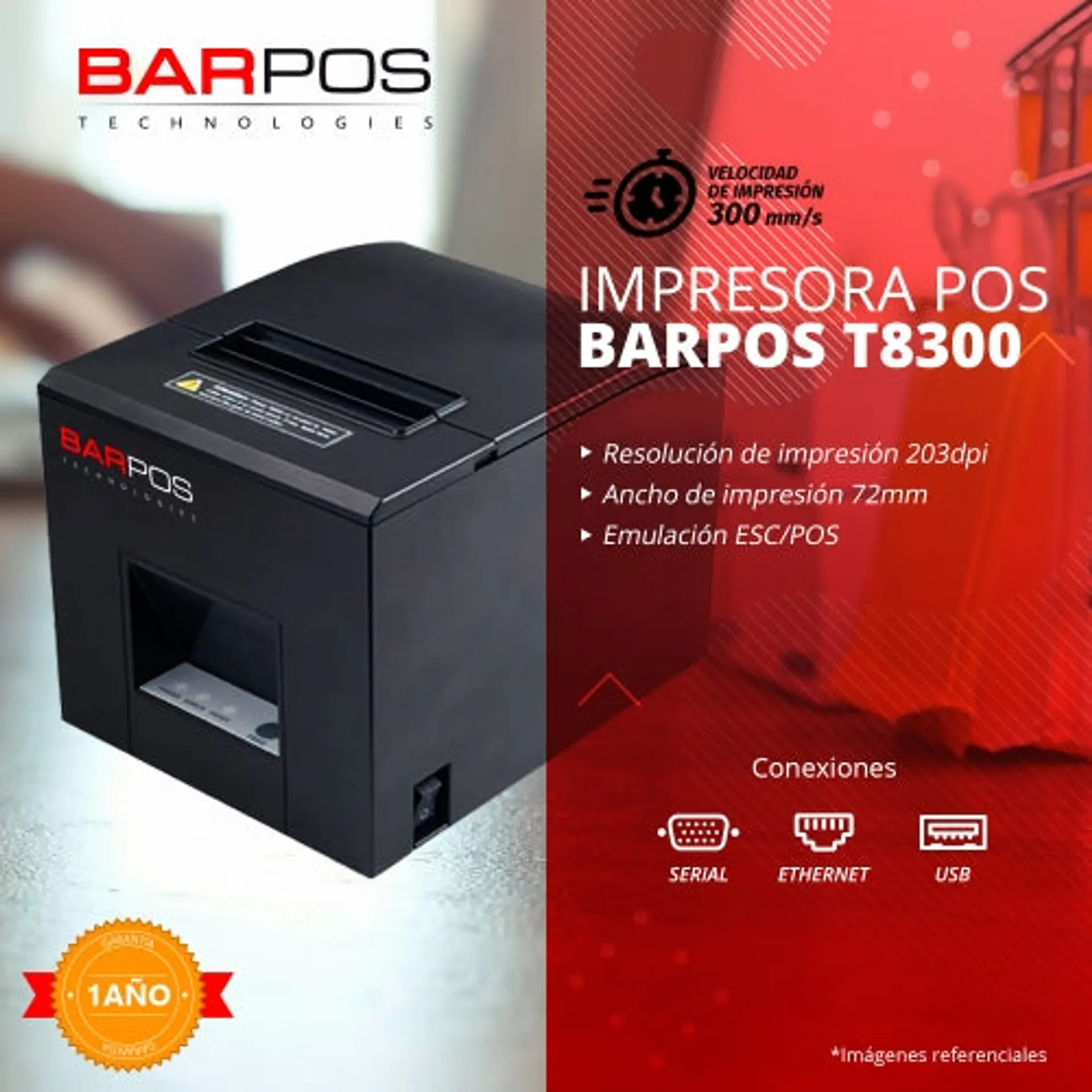 Impresora Térmica BARPOS T8300 | 80 mm, 300 mm/s, USB + Serial + Ethernet 4