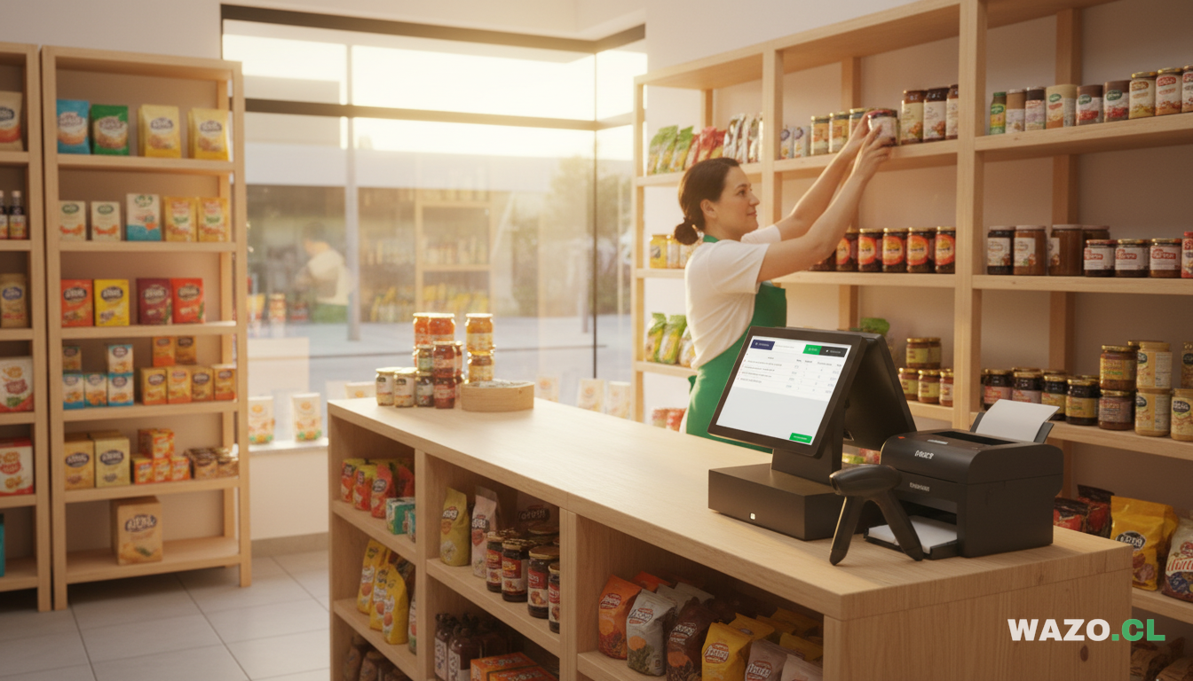 Comerciante chilena atendiendo a un cliente con un sistema de punto de venta táctil en su almacén