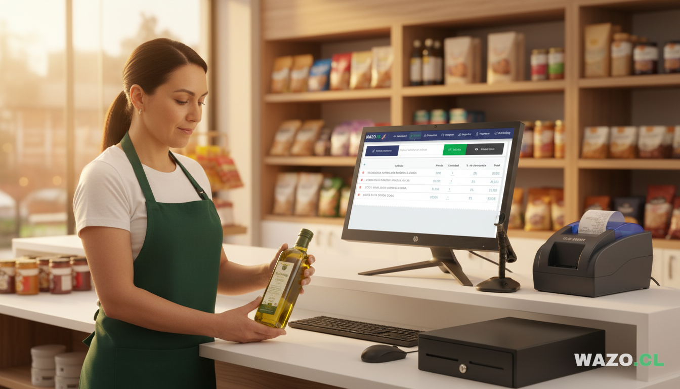 Comerciante chilena usando el Kit Punto de Venta WAZO AIO Retail en su minimarket