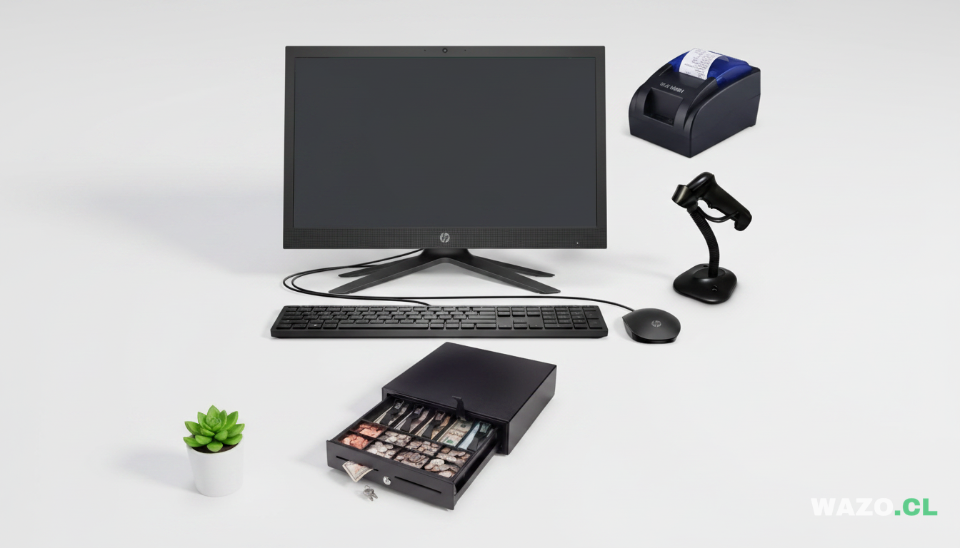 Contenido del Kit WAZO AIO Retail: computador All-in-One, impresora térmica, gaveta de dinero y lector de barras