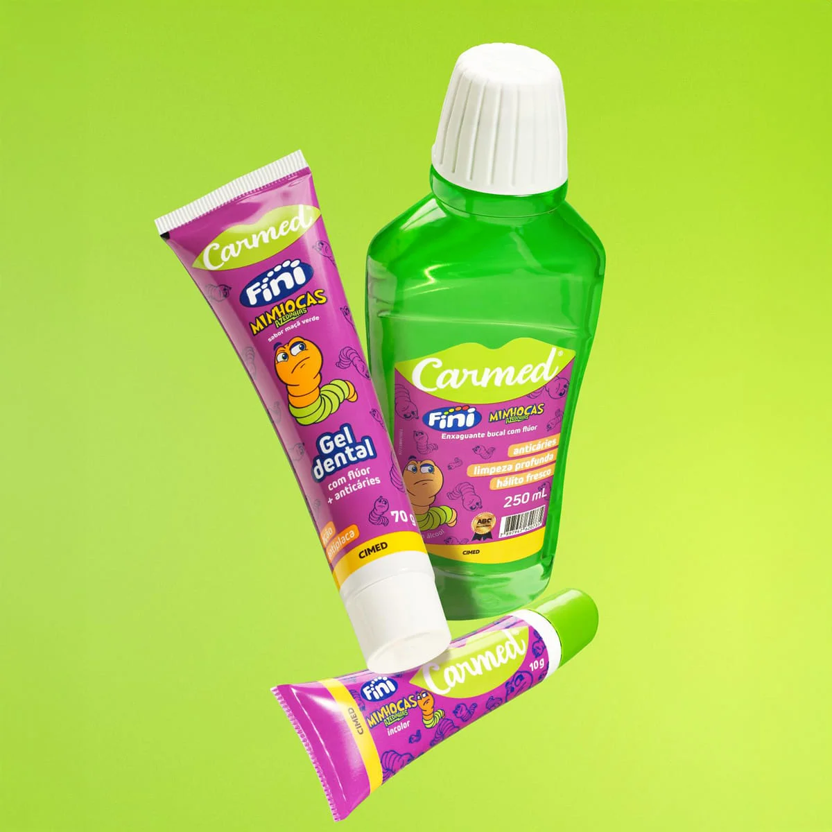 Kit Gel Dental + Enxaguante Bucal + Hidratante Labial - Fini Minhocas - CARMED 1
