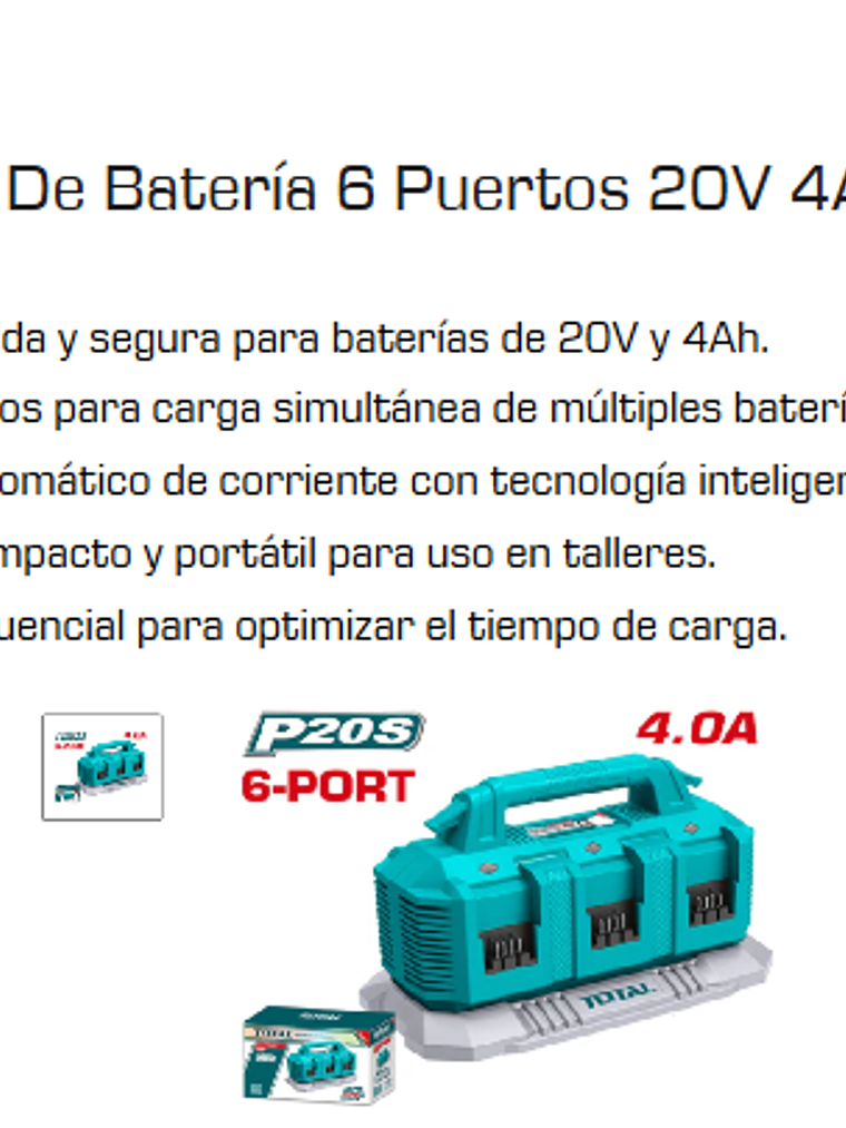 CARGADOR DE BATERIA 6 PUERTOS 20V 4am 2