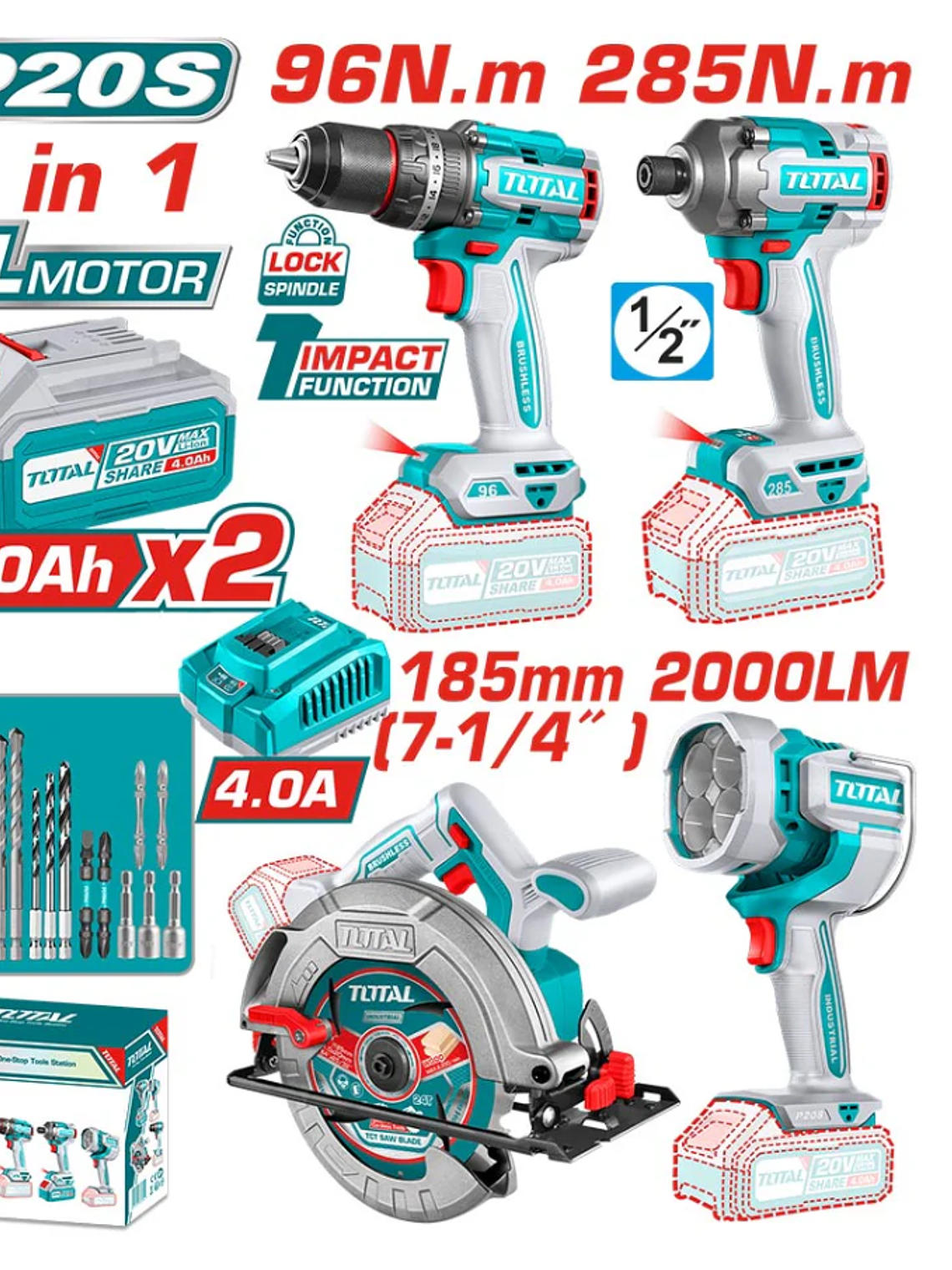 KIT 20V TALADRO 96NM + ATORNILLADOR DE IMPACTO 285 NM + SIERRA CIRCULAR 4' + FOCO LINTERNA TOTAL 1