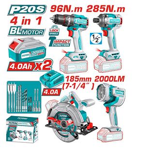 KIT 20V TALADRO 96NM + ATORNILLADOR DE IMPACTO 285 NM + SIERRA CIRCULAR 4' + FOCO LINTERNA TOTAL