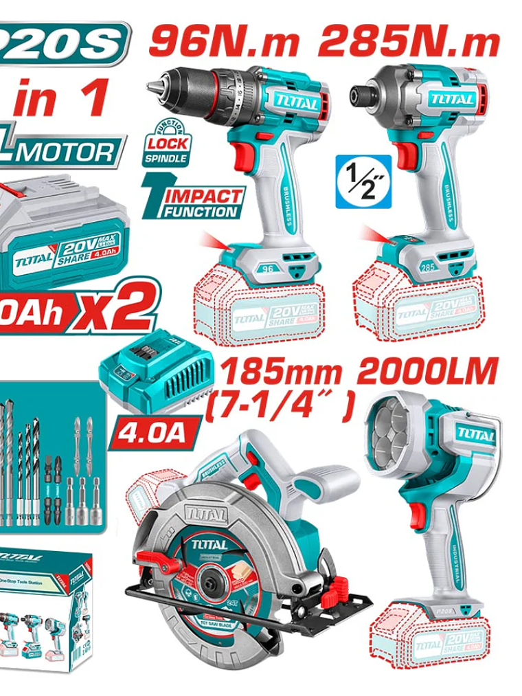 KIT 20V TALADRO 96NM + ATORNILLADOR DE IMPACTO 285 NM + SIERRA CIRCULAR 4' + FOCO LINTERNA TOTAL 1