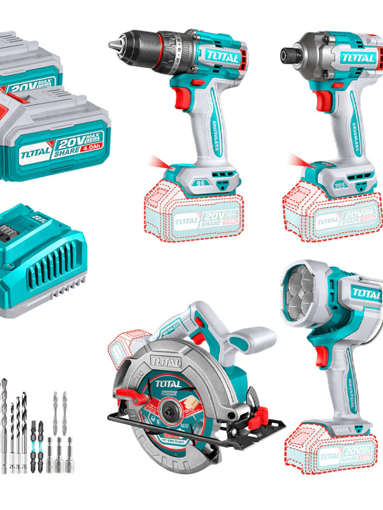 KIT 20V TALADRO 96NM + ATORNILLADOR DE IMPACTO 285 NM + SIERRA CIRCULAR 4' + FOCO LINTERNA TOTAL 2