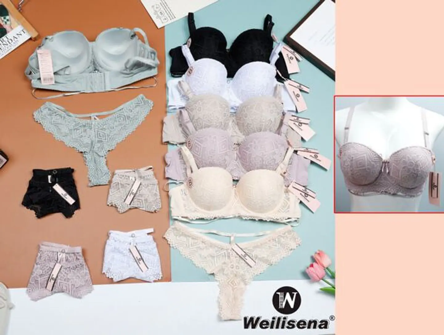 Conjunto de ropa interior con encaje fino  1