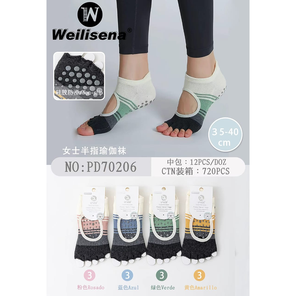 DOCENA DE CALCETINES DE YOGA  DE MEDIO DEDO  PARA MUJER CON ANTIDESLIZANTE