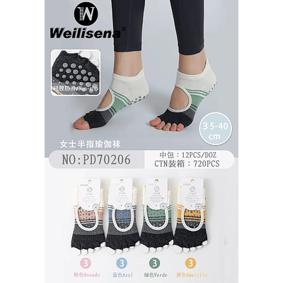 DOCENA DE CALCETINES DE YOGA  DE MEDIO DEDO  PARA MUJER CON ANTIDESLIZANTE