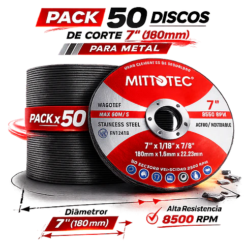 Pack 50 Discos de Corte 7” (180mm) para Metal | MITOTEC