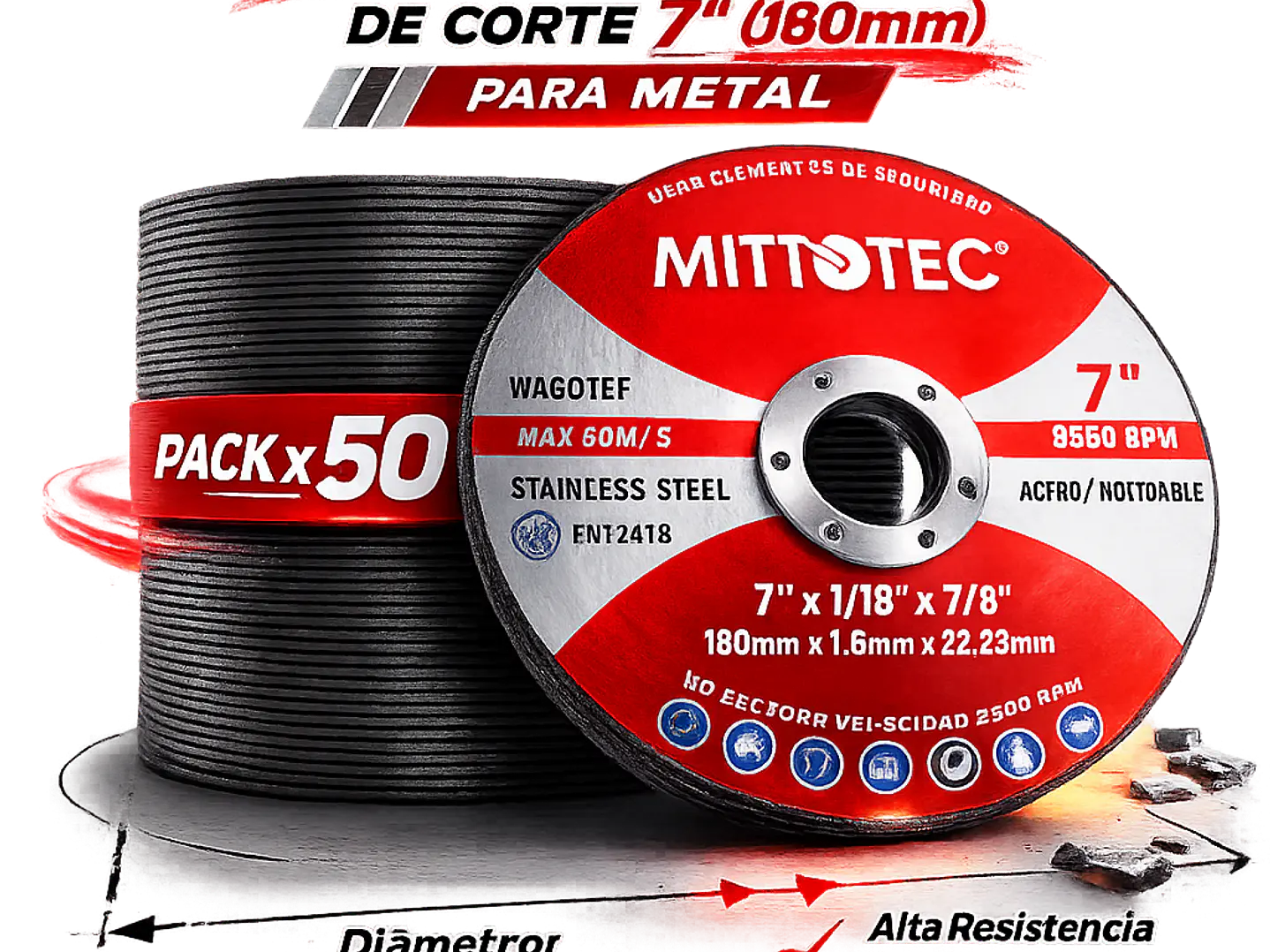 Pack 50 Discos de Corte 7” (180mm) para Metal | MITOTEC 1
