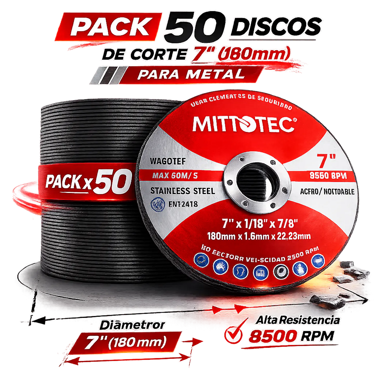 Pack 50 Discos de Corte 7” (180mm) para Metal | MITOTEC 1