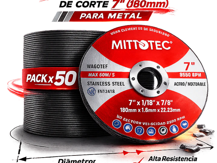 Pack 50 Discos de Corte 7” (180mm) para Metal | MITOTEC 1