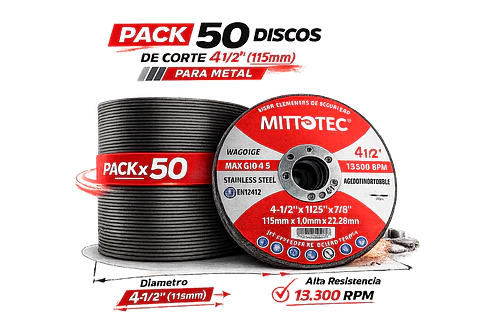 Pack 50 Discos de Corte 4 1/2” (115mm) para Metal | MITTOTEC