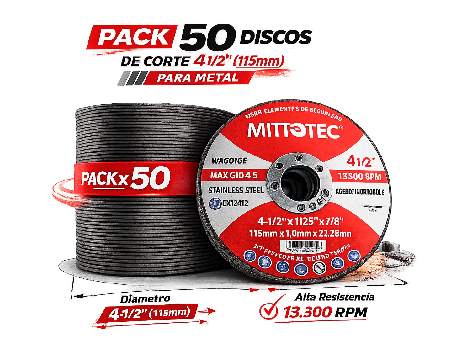 Pack 50 Discos de Corte 4 1/2” (115mm) para Metal | MITTOTEC 1