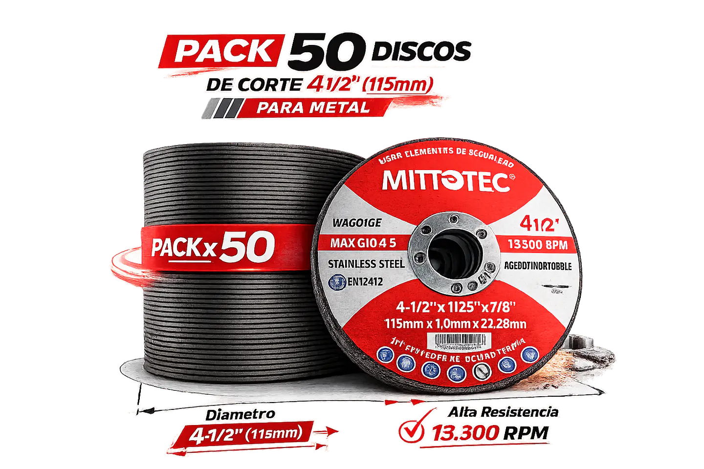 Pack 50 Discos de Corte 4 1/2” (115mm) para Metal | MITTOTEC 1
