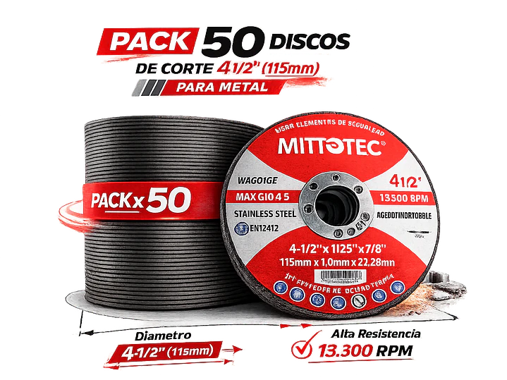 Pack 50 Discos de Corte 4 1/2” (115mm) para Metal | MITTOTEC 1