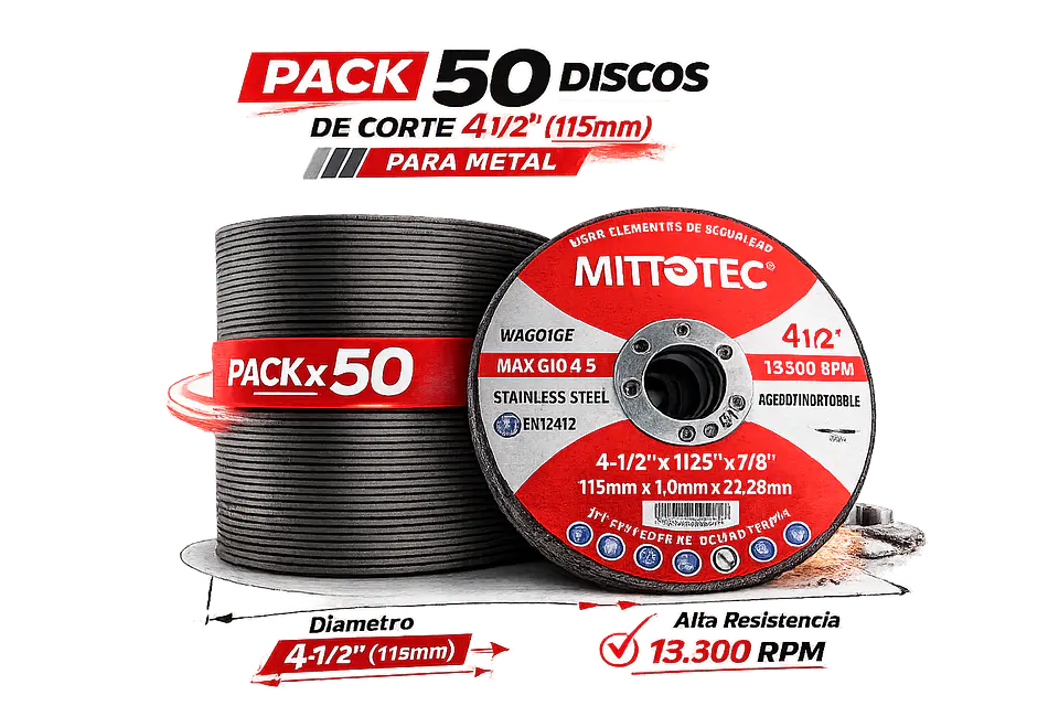 Pack 50 Discos de Corte 4 1/2” (115mm) para Metal | MITTOTEC 1