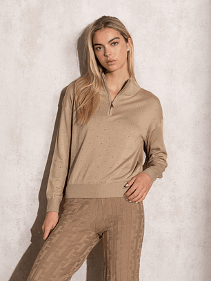 POLO COM FECHO DE MALHA COM BRILHOS NA FRENTE BEIGE SMF JEANS