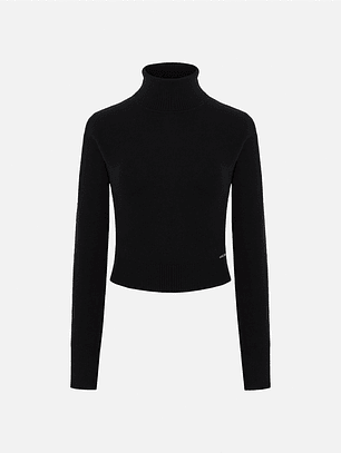 CAMISOLA CURTA PRETA DE MALHA COM GOLA ALTA SCRIPTA