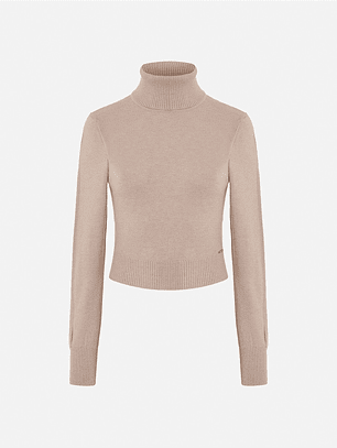 CAMISOLA CURTA BEGE DE MALHA COM GOLA ALTA SCRIPTA