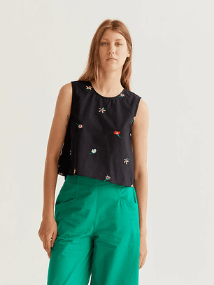 TOP PRETO COM FLORES BORDADS COMPAÑIA FANTASTICA 