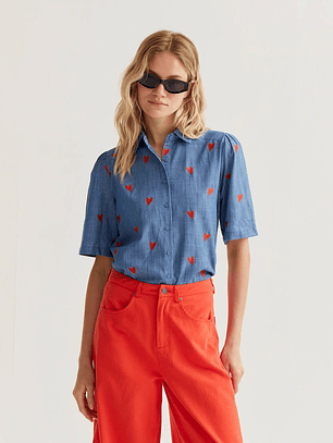 CAMISA DE ALGODÃO COM CORAÇÕES BORDADOS COMPANIA FANTÁSTICA 