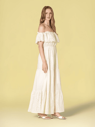 VESTIDO COMPRIDO EM BORDADO INGLÊS BRANCO RUGA