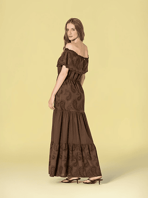 VESTIDO COMPRIDO EM BORDADO INGLÊS CASTANHO RUGA