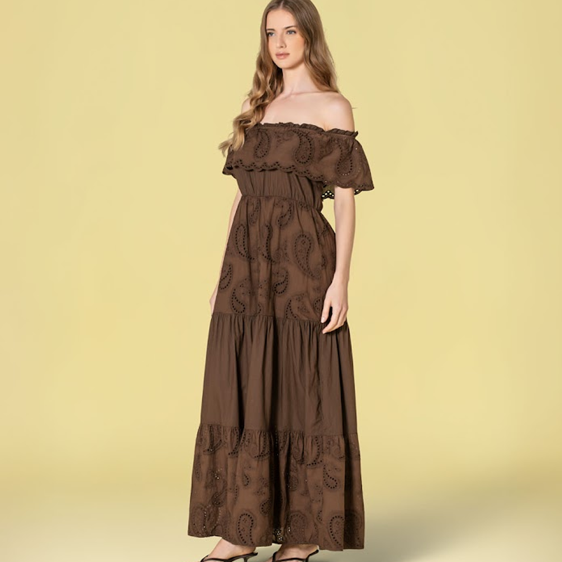 VESTIDO COMPRIDO EM BORDADO INGLÊS CASTANHO RUGA 3