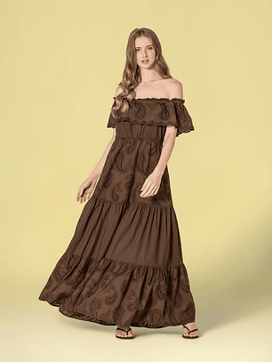 VESTIDO COMPRIDO EM BORDADO INGLÊS CASTANHO RUGA