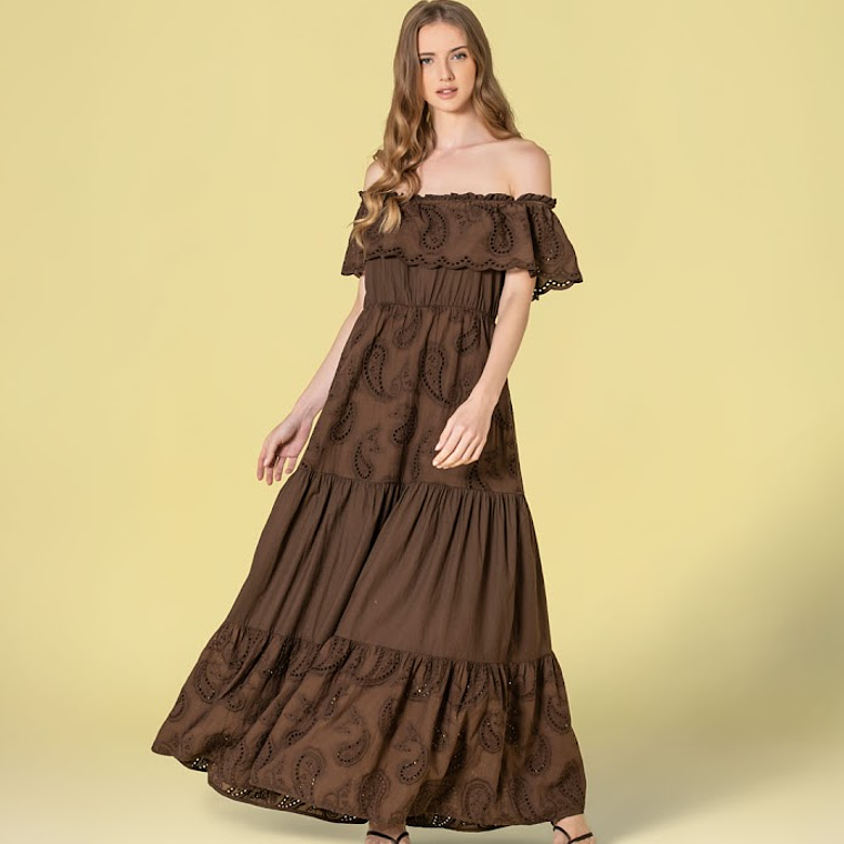 VESTIDO COMPRIDO EM BORDADO INGLÊS CASTANHO RUGA 1