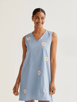 VESTIDO AZUL COM FLORES BORDADAS COMPAÑIA FANTASTICA