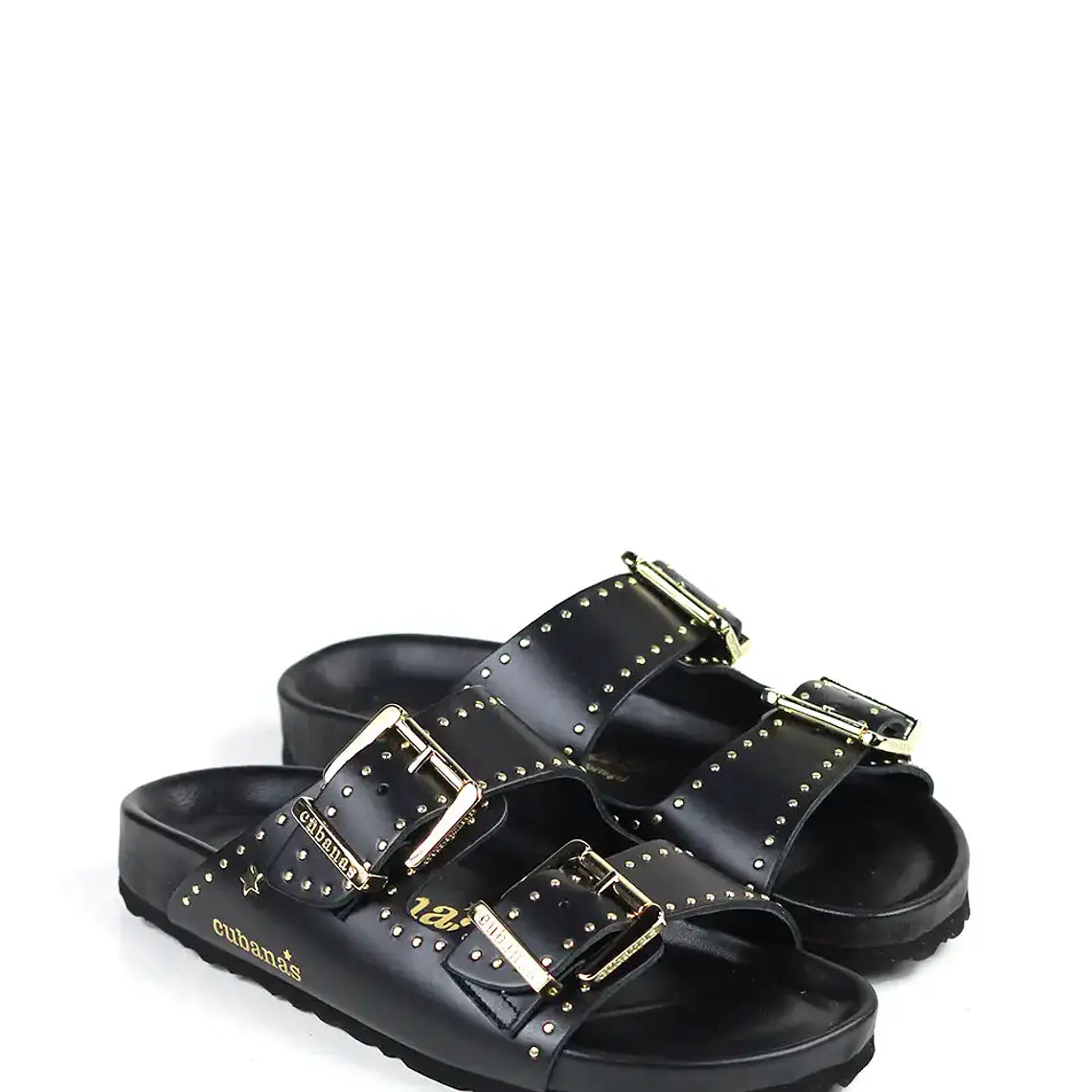 SANDÁLIAS AMÁLIA PELE PRETO COM FIVELAS E TACHAS DOURADAS CUBANAS  1