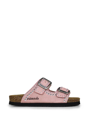 SANDÁLIAS AMÁLIA CAMURÇA ROSA COM TACHAS E FIVELAS PRATEADAS CUBANAS