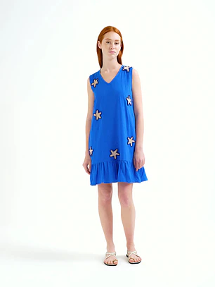 VESTIDO CURTO AZUL COM ESTRELAS DO MAR COMPAÑIA FANTASTICA 