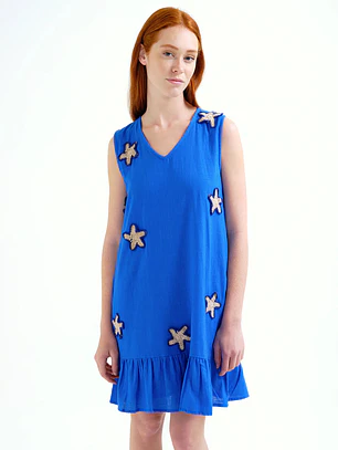 VESTIDO CURTO AZUL COM ESTRELAS DO MAR COMPAÑIA FANTASTICA 