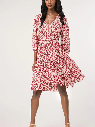 VESTIDO ESTAMPADO COM BORDADOS VERMELHOS DANDARA