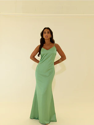 VESTIDO ACETINADO COM ALÇA FINA E COSTAS DECOTADAS SCRIPTA