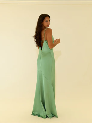 VESTIDO ACETINADO COM ALÇA FINA E COSTAS DECOTADAS SCRIPTA