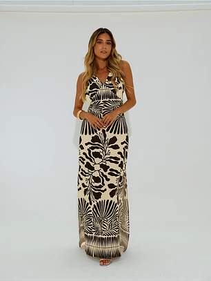 ´VESTIDO COMPRIDO ESTAMPADO COM COSTAS CRUZADAS SCRIPTAS