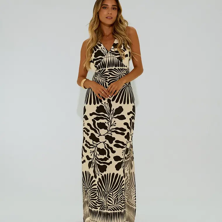 ´VESTIDO COMPRIDO ESTAMPADO COM COSTAS CRUZADAS SCRIPTAS 1