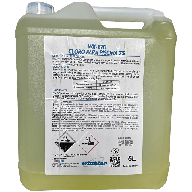 Cloro Liquido Piscina al 7% WK-870 5Lt