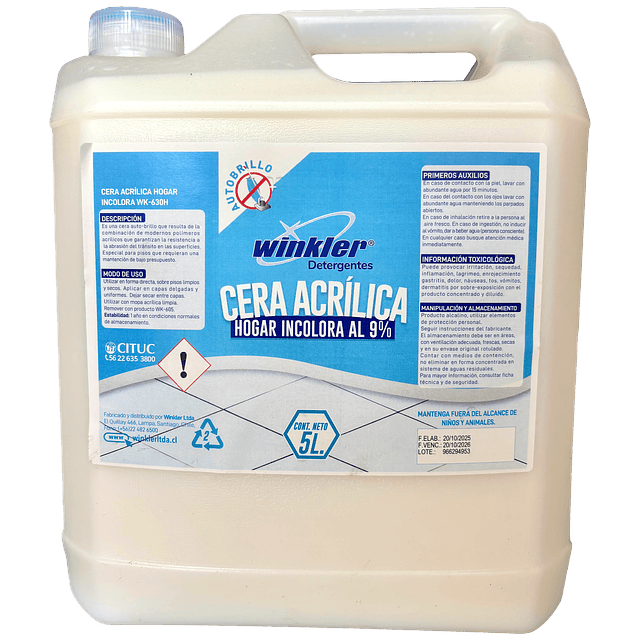 Cera Acrilica Autobrillo Hogar Incolora (9%) WK-630Hi 5L