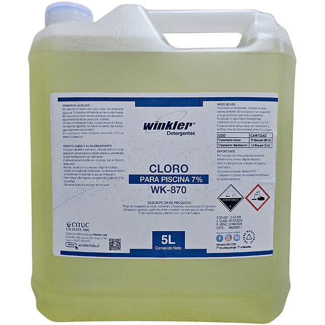 Cloro, Hipoclorito de Sodio al 7% WK-Cl7 5L