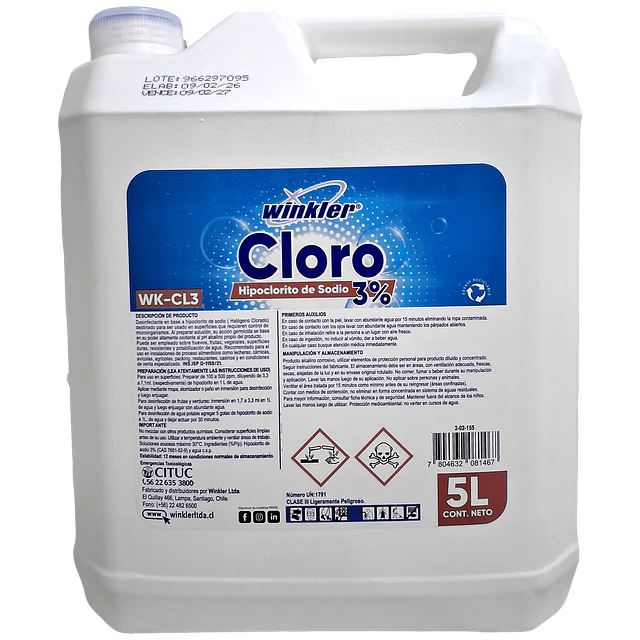 Cloro, Hipoclorito de Sodio al 3% WK-Cl3 5L